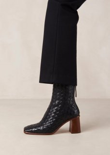 Women's West Braided Black Leather Ankle Boots