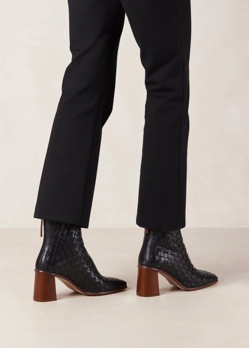 Women's West Braided Black Leather Ankle Boots