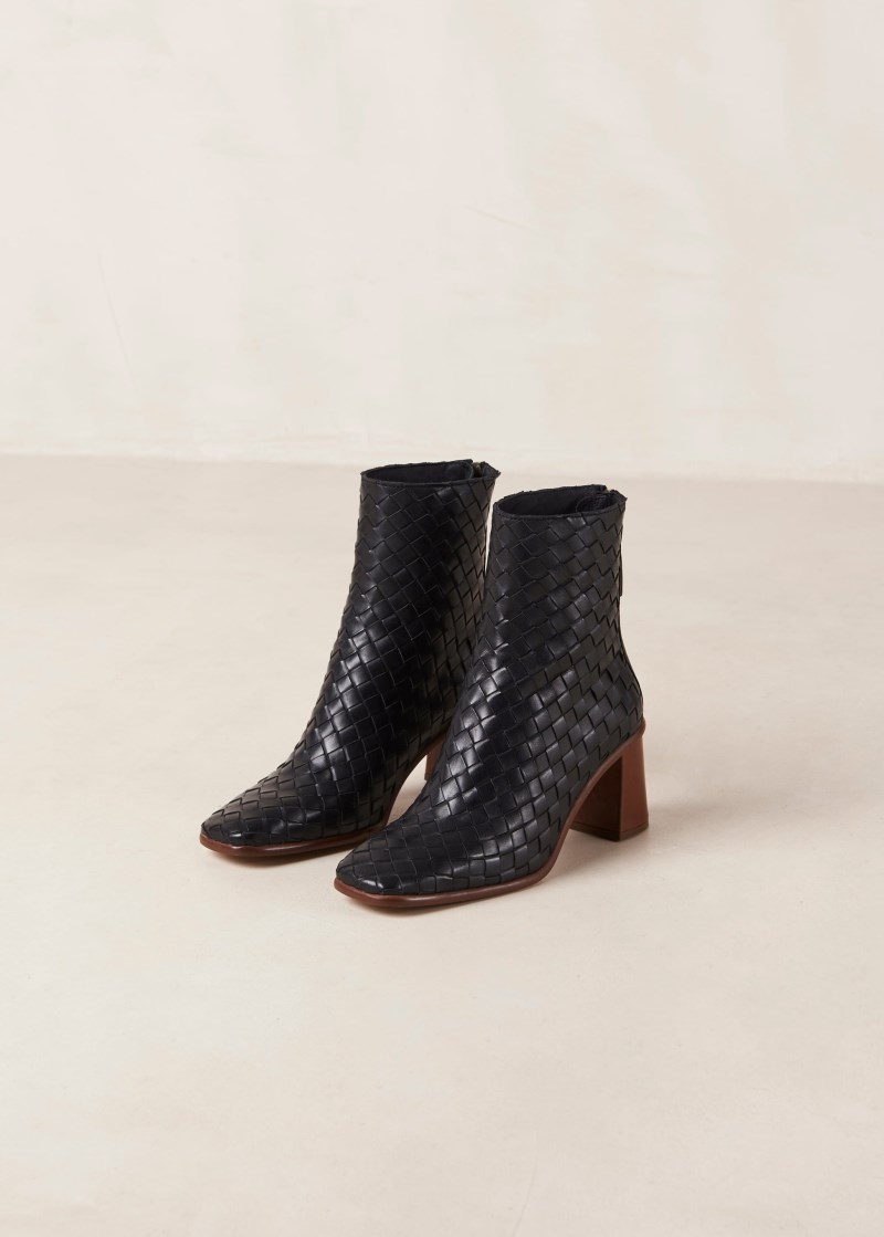 Women's West Braided Black Leather Ankle Boots